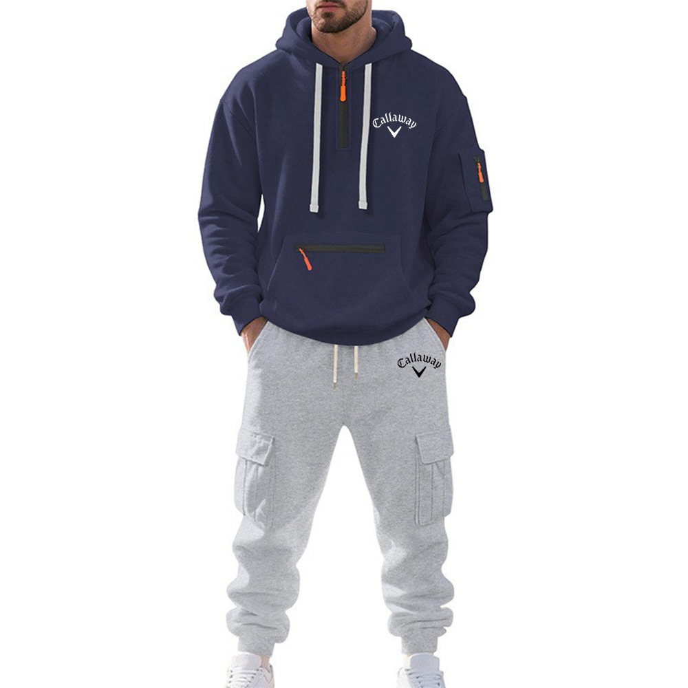 2025跨境男装亚马逊冬季加绒男士休闲套装宽松运动多口袋工装套装