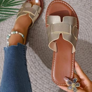 European and American Foreign Trade plus size One-word Solid Color Classic Round Head Flat Slippers for Women 2025 Summer New Beach Slippers for Women