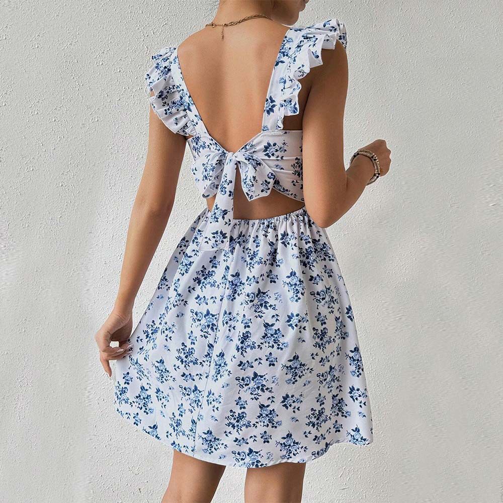 Floral Print Backless Dress Sweet Slim Fit Ruffled Sleeves Spring Summer Style Wholesale Available