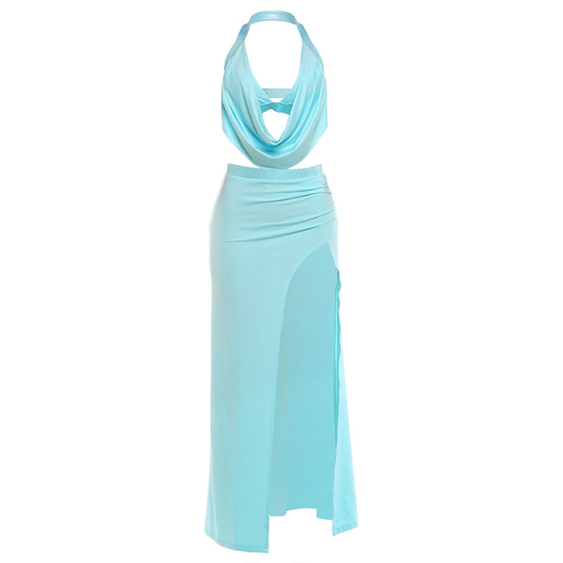 Summer Womens Set Sexy Hollow Out Halter Neck Top with Backless Design Side Slit Midi Skirt Wholesale Available