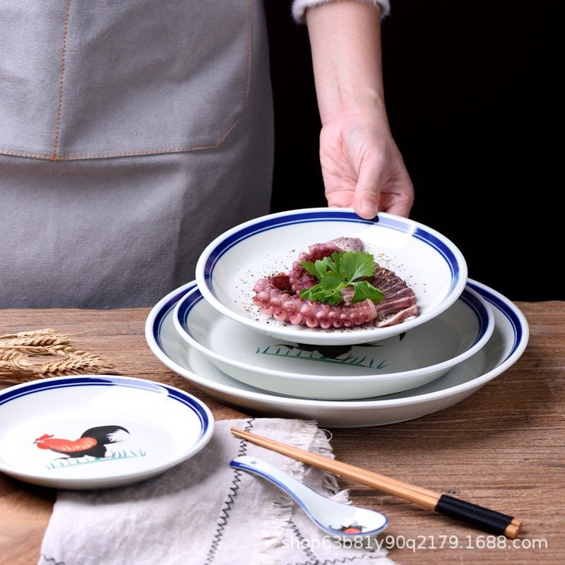 Retro Nostalgic Commercial Rooster Dish Plate Ceramic Rice Plate Soup Plate Deep Plate Restaurant Chinese Tableware Large Round Plate