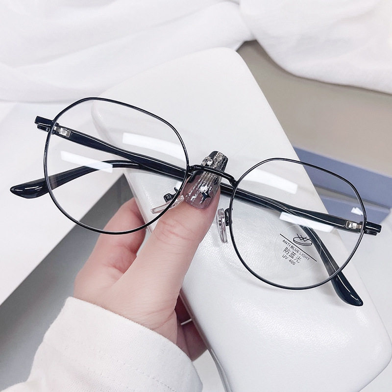 New Style Metal Anti-Blue Light Myopia Glasses Fashionable Retro Round Glasses Frame Women's Ins Simple Lightweight Flat Glasses