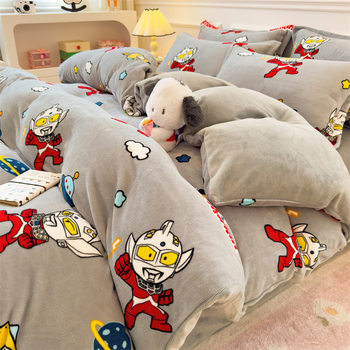 Winter Cartoon Thickened Towel Embroidered Milk Velvet Bed Cover Four-Piece Set Quilt Cover Bed Sheet Three-Piece Set Bedding Kit