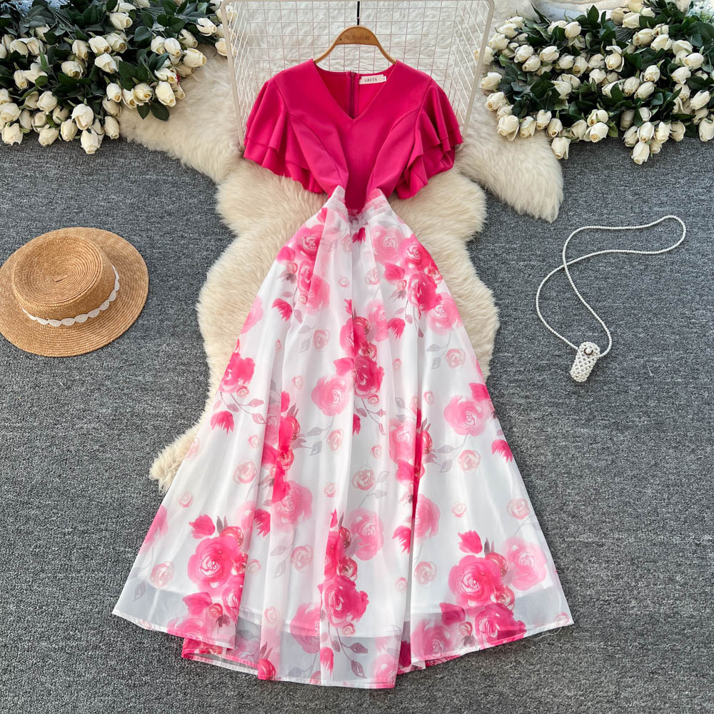 French Style V Neck Ruffle Sleeve Color Block Printed Maxi Dress for Women Summer Fashion Slim Fit Elegant Design