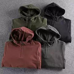 New Half Zip Hooded Sweater Men's American Style Retro Heavy Thickened Couple's Pocket Collar Hoodie Coat Cotton