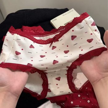 Japanese-Style Cartoon Cute Red Underwear for Women, Mid-Waist Festive Pure Cotton New Year Lace All-Cotton Underwear for Women