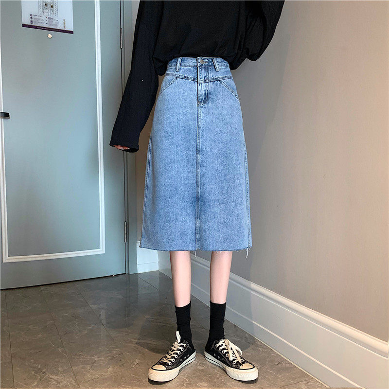 High Waisted A Line Denim Skirt Flattering Fit Split Hem Fringe Detail Casual Summer Style Wholesale Available