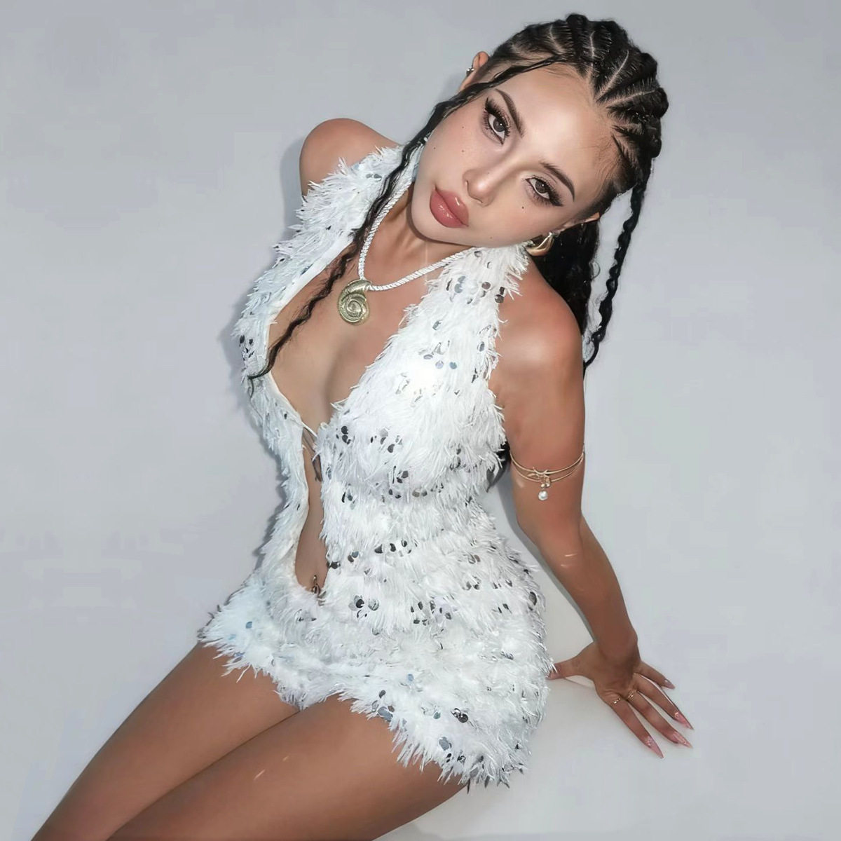 Sequined Plush Halter Top and Bodycon Skirt Set Stylish Sexy Winter Fashion Nightclub Wear Wholesale Available