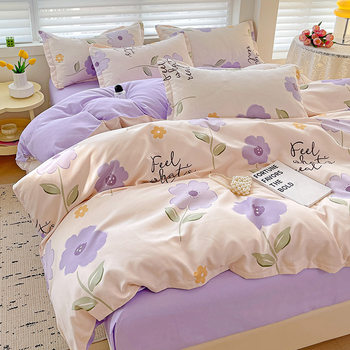 Thickened sanding four-piece set small fresh wash cotton bed sheet quilt cover pillowcase student dormitory three-piece set wholesale