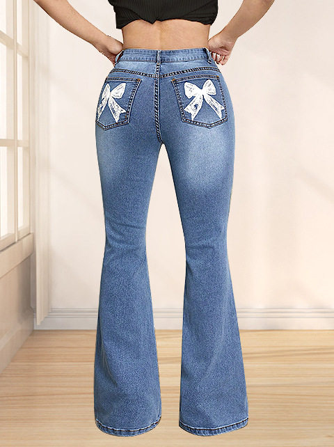 Trendy Womens Denim Pants Bow Tie Print Casual Style Comfortable Fit Wholesale Available customizable