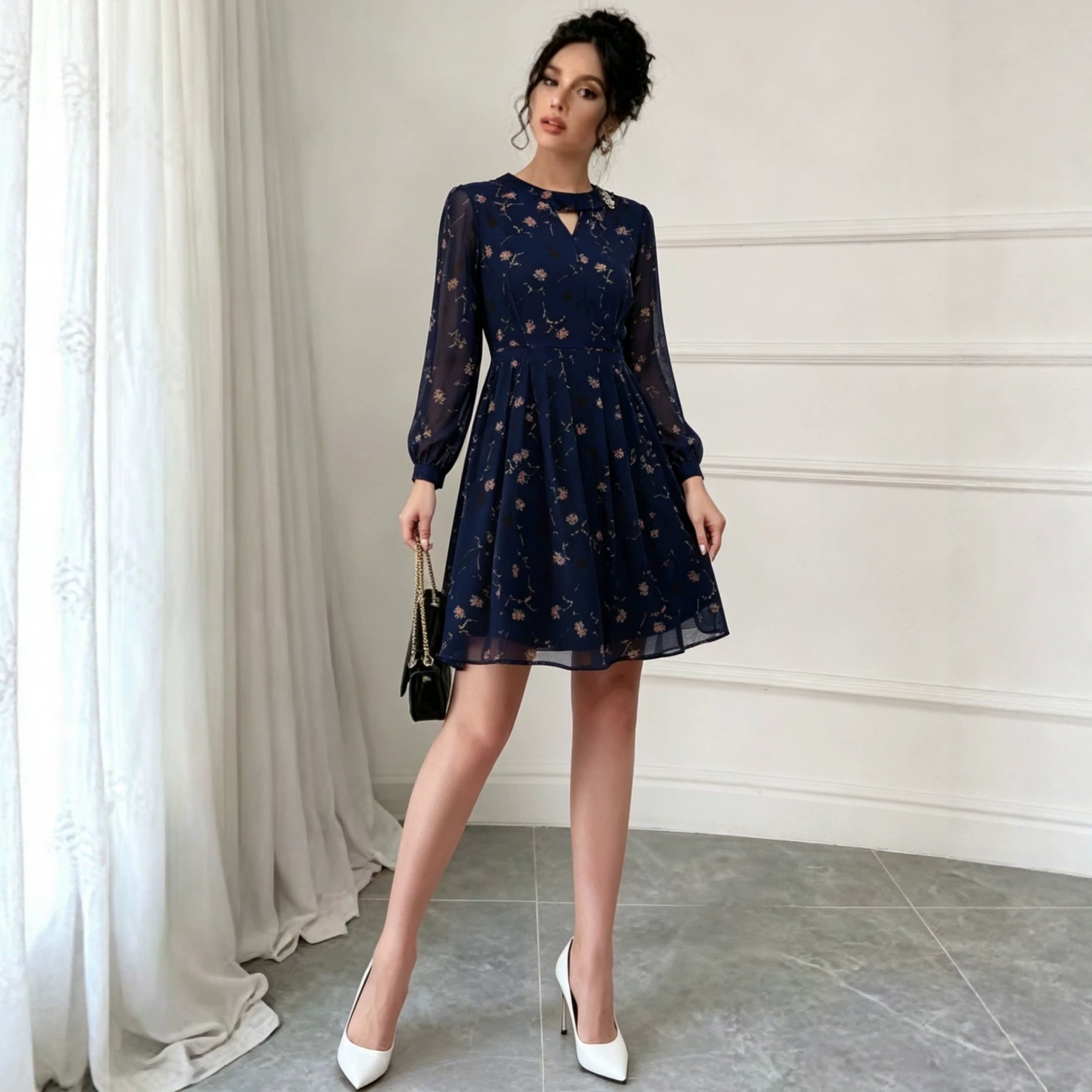 Blue Printed Chiffon Long Sleeve Dress for Women A Line Silhouette Rhinestone Accents Mid Length Perfect for Spring