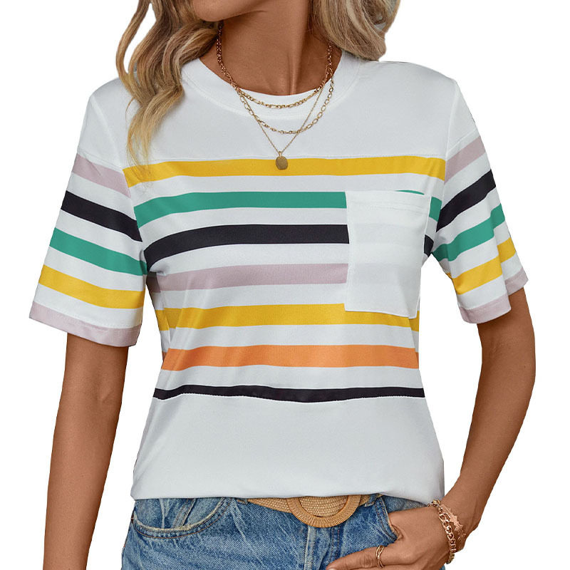 Colorful Striped Short Sleeve T Shirt for Women Summer Style Casual Fit Comfortable Fabric Wholesale Available