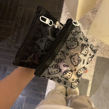 Cute Flocked Mesh Kitty Portable Cosmetics Bag, Practical and Stain-Resistant Large-Capacity Makeup Bag for Going Out