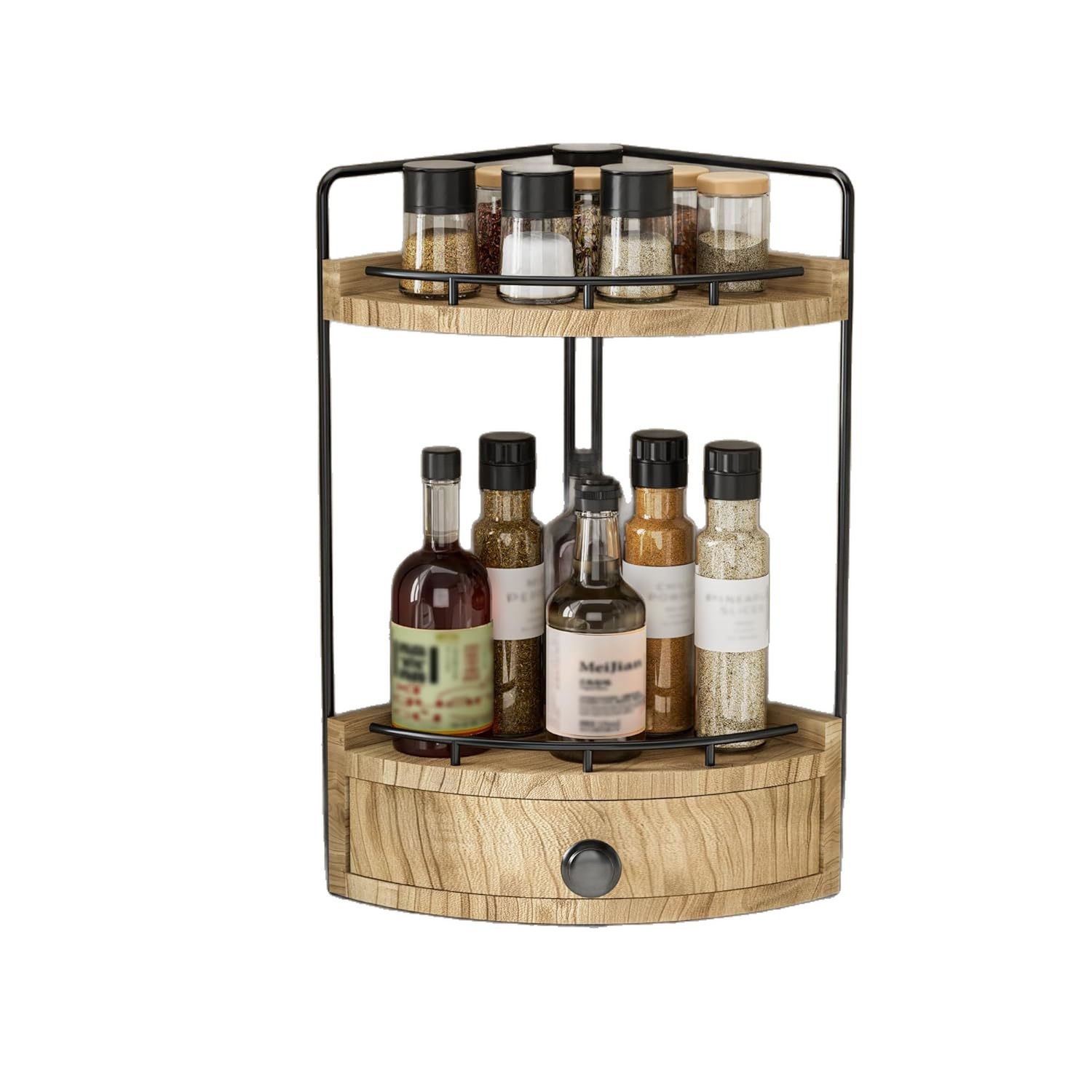 Desktop Wooden Storage Rack Fan-Shaped Corner Rack Double-Layer with Drawer Countertop Jewelry Storage Cosmetics Solid Wood Storage Rack