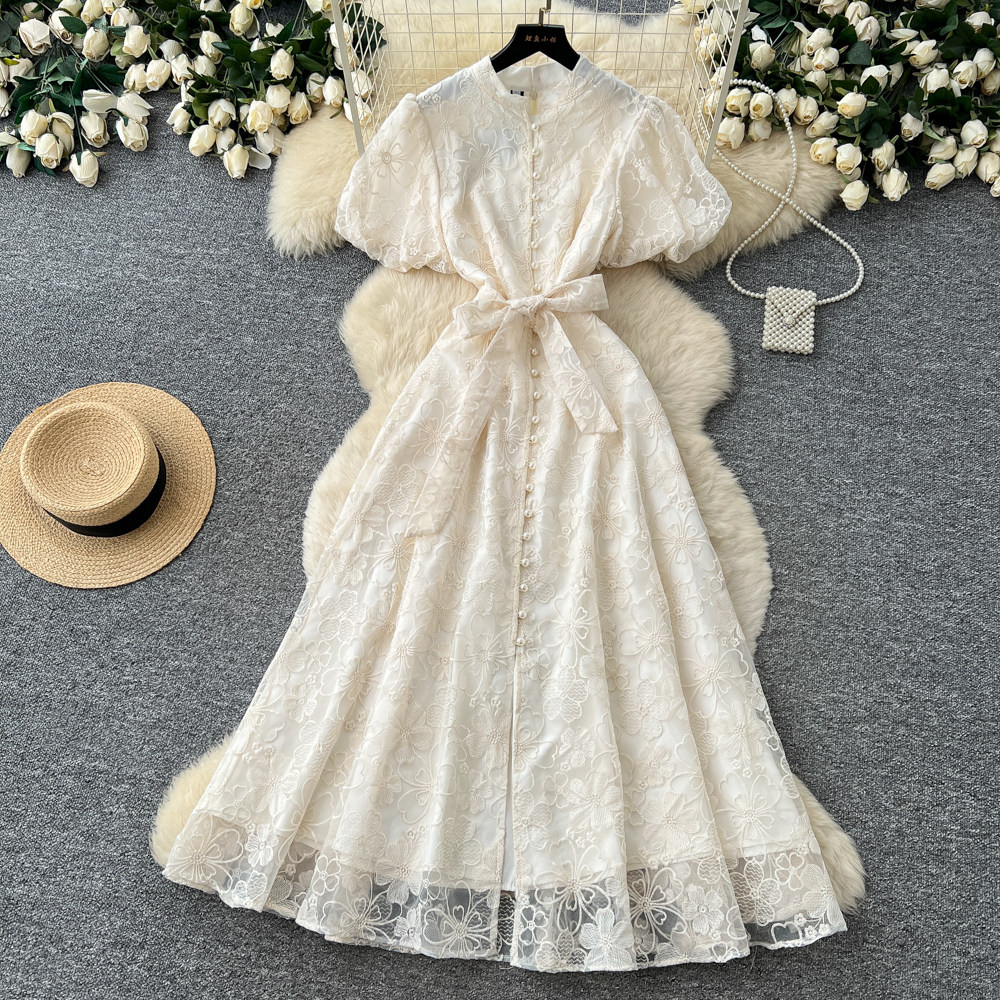 Elegant Lace Embroidered Dress High Waist A Line Silhouette Summer Style Perfect for Office and Formal Events