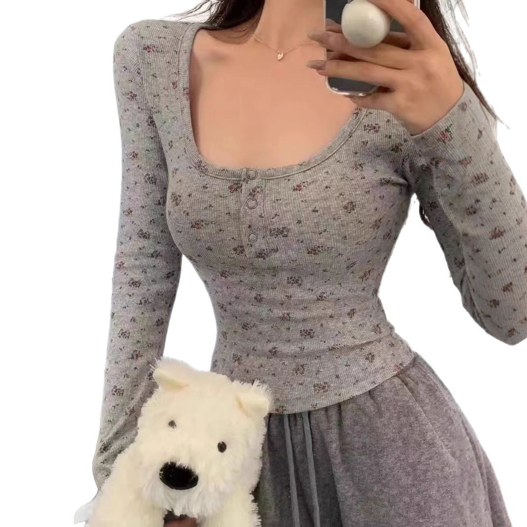 Floral Print Long Sleeve T Shirt for Women Slim Fit Square Neck Lightweight Fabric Spring Autumn Wear