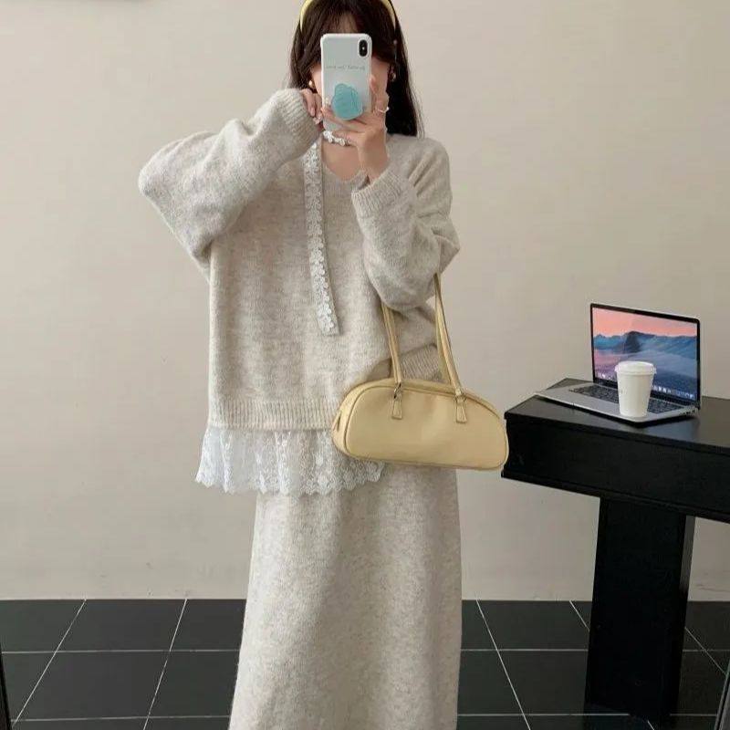 Plus Size Women's Autumn and Winter Design, Gentle Style Lace Splicing Sweater Top + Slimming Look Skirt Two-Piece Set