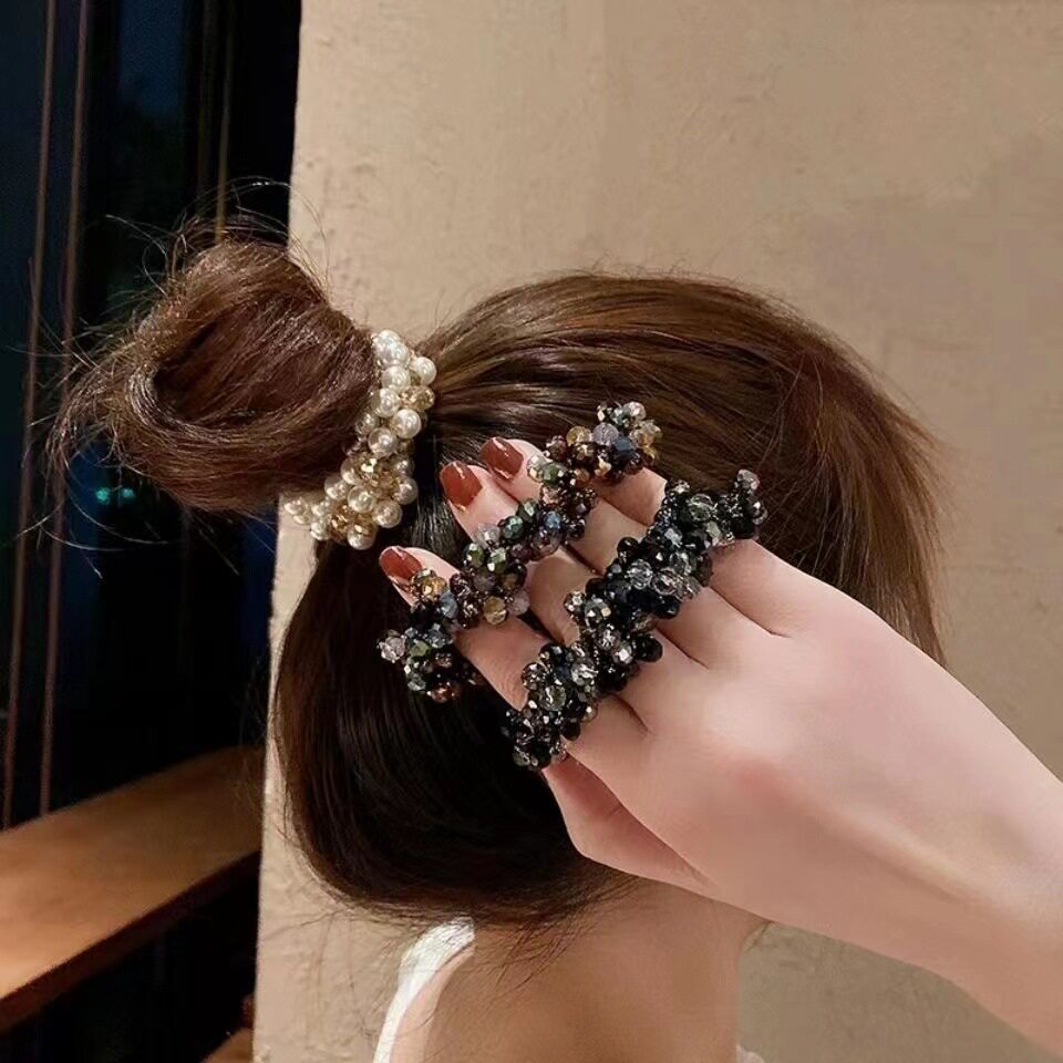 High-grade Pearl Crystal Head Rope Women's Elegant Hair Rope Korean Cyber Celebrity Rubber Band Hair Ring Ponyo Ball Headwear