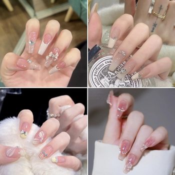 Girl's Heart Aurora Glitter French Bow Nail Patch Handmade Fake Nail Patch Removable Wearable Nail Patch Finished Product