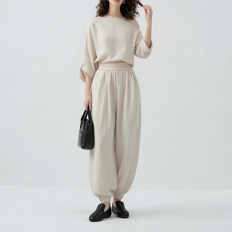 Womens Summer Casual Set Solid Color Loose Fit Asymmetrical Shoulder Wide Leg Pants Perfect for Everyday Wear