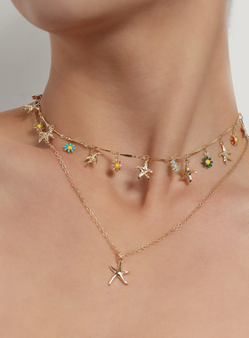 欧美跨境饰品 夏威夷风合金海星吊坠项链女 气质流行滴釉花朵项饰