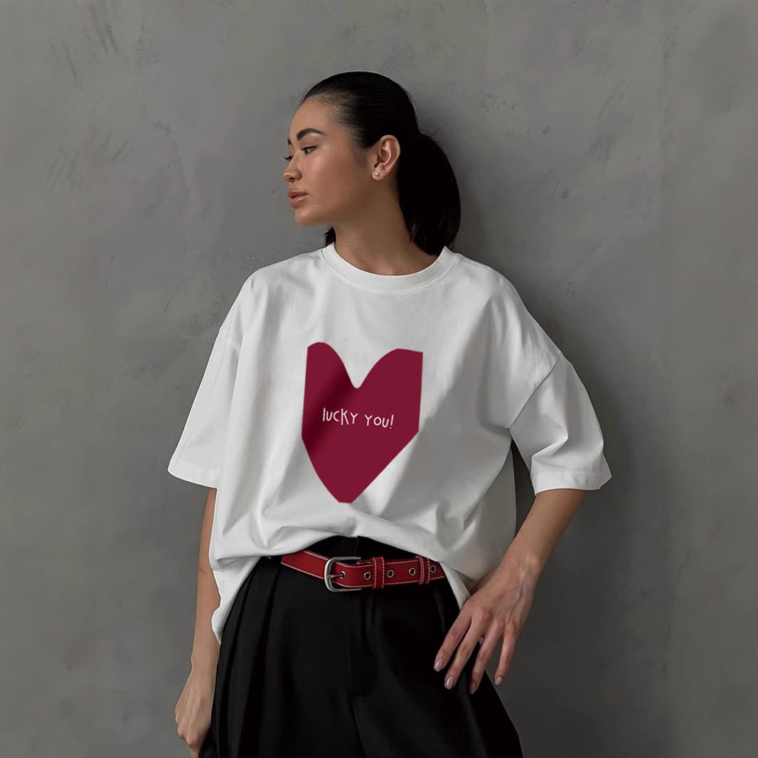 Womens Summer Heart Print T Shirt Casual Loose Fit Round Neck Short Sleeve 100 Cotton Versatile Everyday Wear