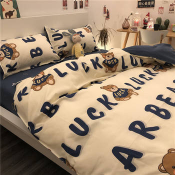 Fengxiao Bear Bear Bed Simple Four-Piece Set Washed Cotton Sheets and Quilt Covers Cartoon Student Dormitory Three-Piece Set
