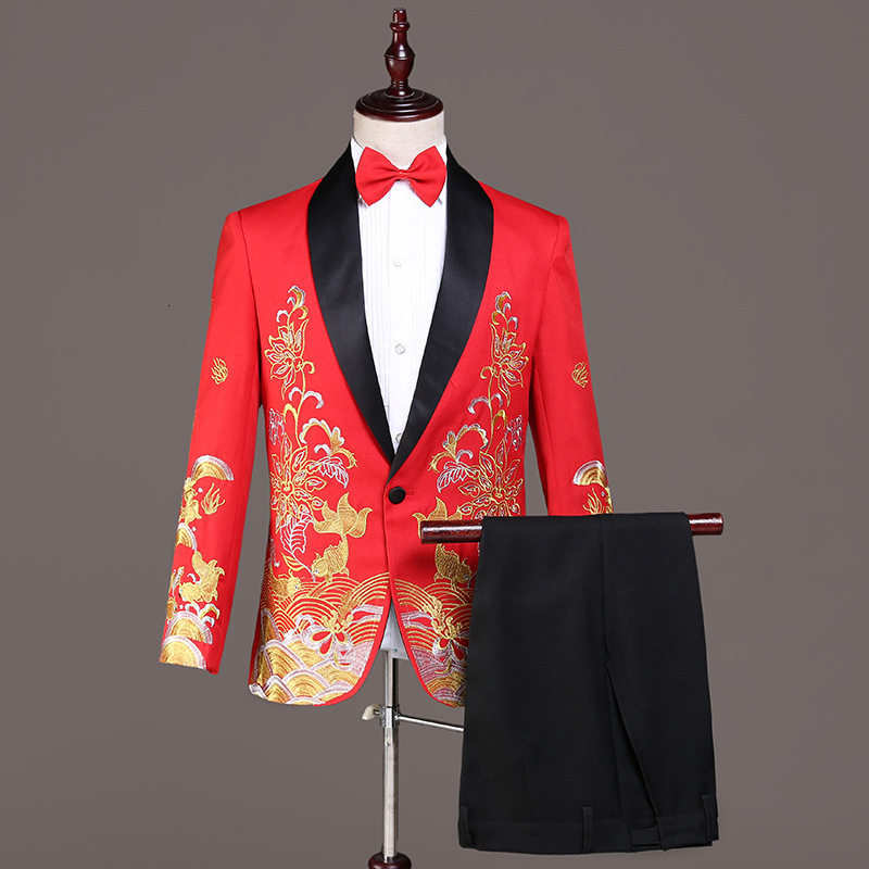 Bộ Vest Nam Thêu Họa Tiết, Áo Khoác Phong Cách Trung Hoa Màu Trắng, Đen, Xanh, Đỏ