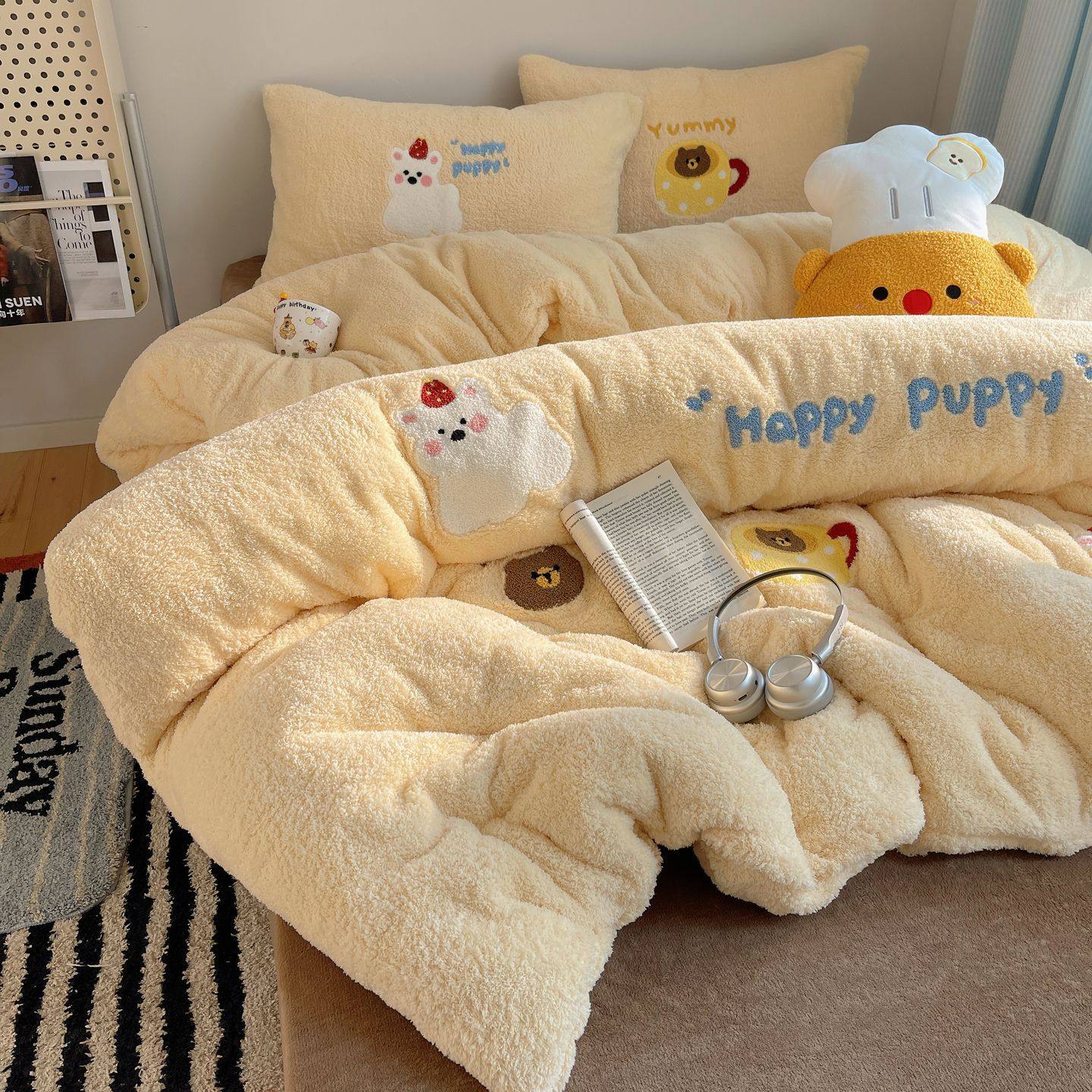 Ins Style Cartoon Cute Little Animals Thickeneded Milk Velvet Four-Piece Set Autumn and Winter Teddy Velvet Warm Student Three-Piece Set