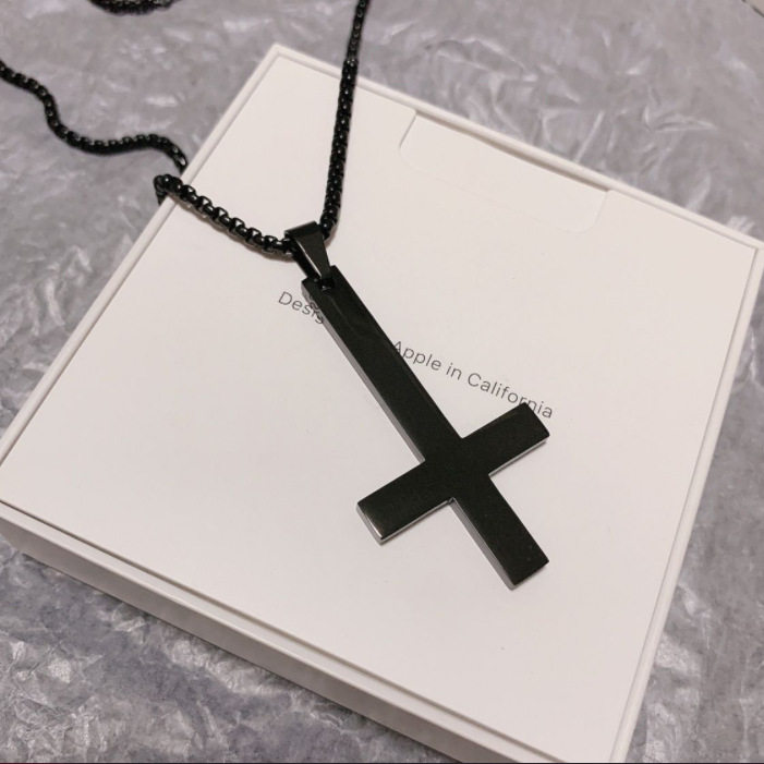 Black Inverted Cross Necklace Boys Titanium Steel Pendant Girls Startled Simple Seal White Willow Trendy Men's Accessories