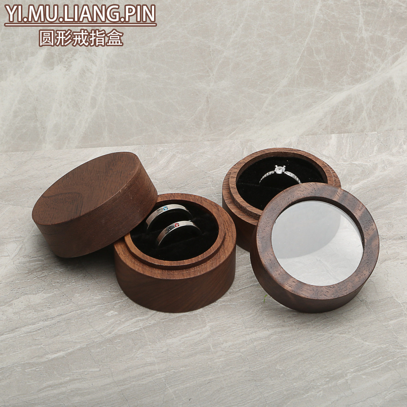 Round Girls' Window Earrings, Ring Jewelry Box Storage and Organization, Black Walnut Cross-Border Solid Wood Box, Lover's Gift