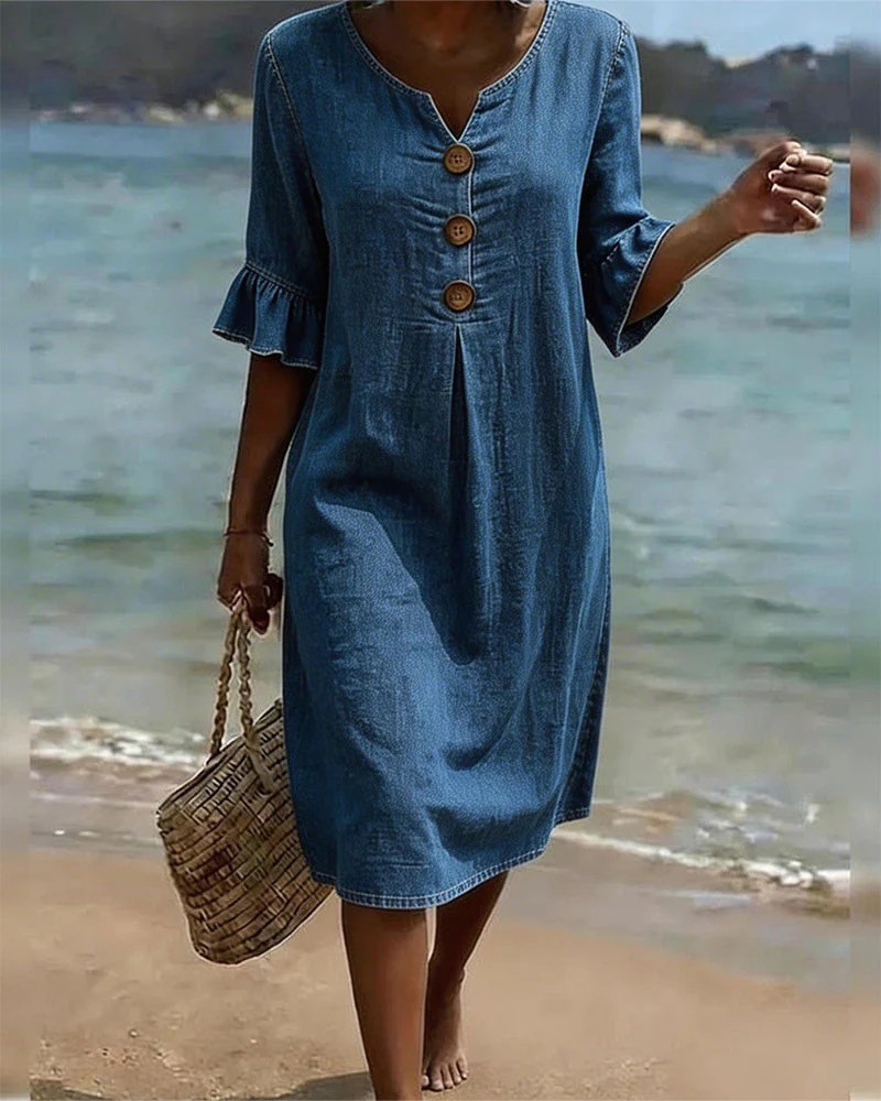 Womens V Neck Ruffle Sleeve Dress Comfortable Elegant Design Summer Casual Wear Wholesale Available