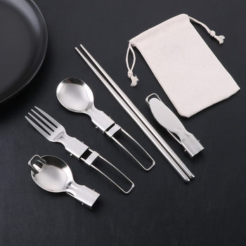 Folding Spoon Stainless Steel 304 Outdoor Camping Style Tableware Foldableable Chopsticks Rice Spoon Storage Portable Student Tableware