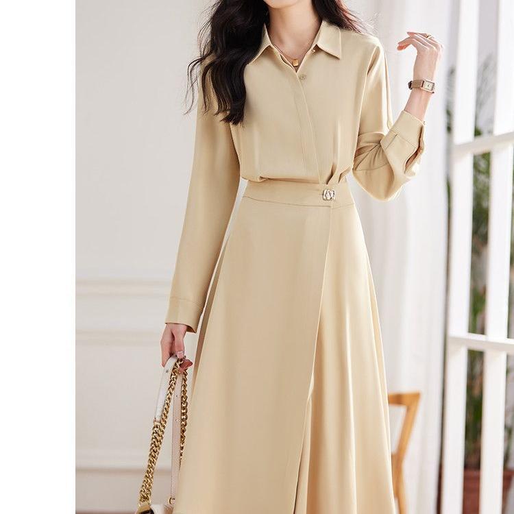 Solid Color Fashion Dress Simple Design Waist Cinching Slim Fit French Style Office and Commuting Wear OEM