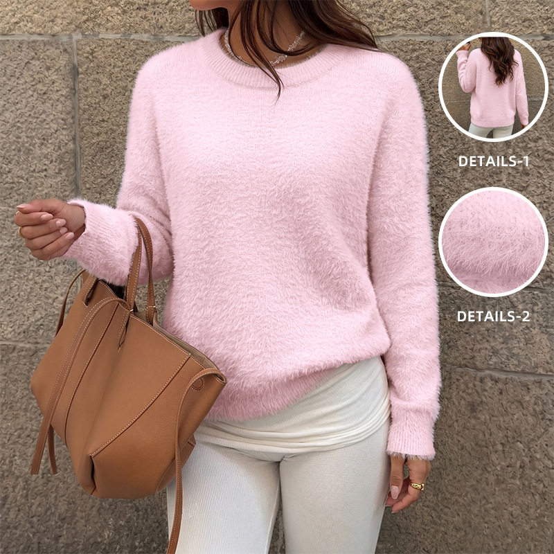 Pink Faux Mink Sweater Soft and Romantic Style Round Neck Long Sleeve Perfect for Valentines Day Wholesale