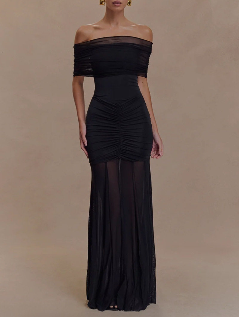 Off Shoulder Ruched Mesh Panel Dress Sexy Sheer Elegant Perfect for Parties and Special Occasions Wholesale