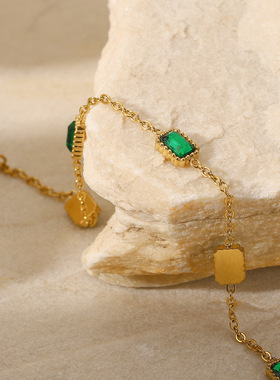 欧美时尚复古风绿色锆石系列项链耳环手链戒指气质女士不锈钢饰品