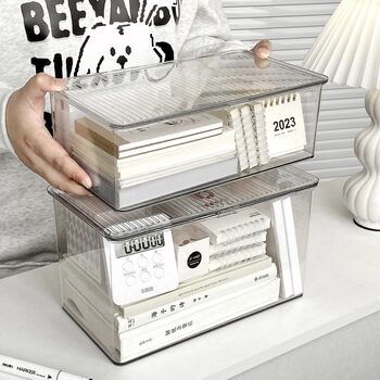 Desktop Transparent Storage Box with Lid Office Book File Acrylic Fit Box Cosmetic Dust-proof Storage Box