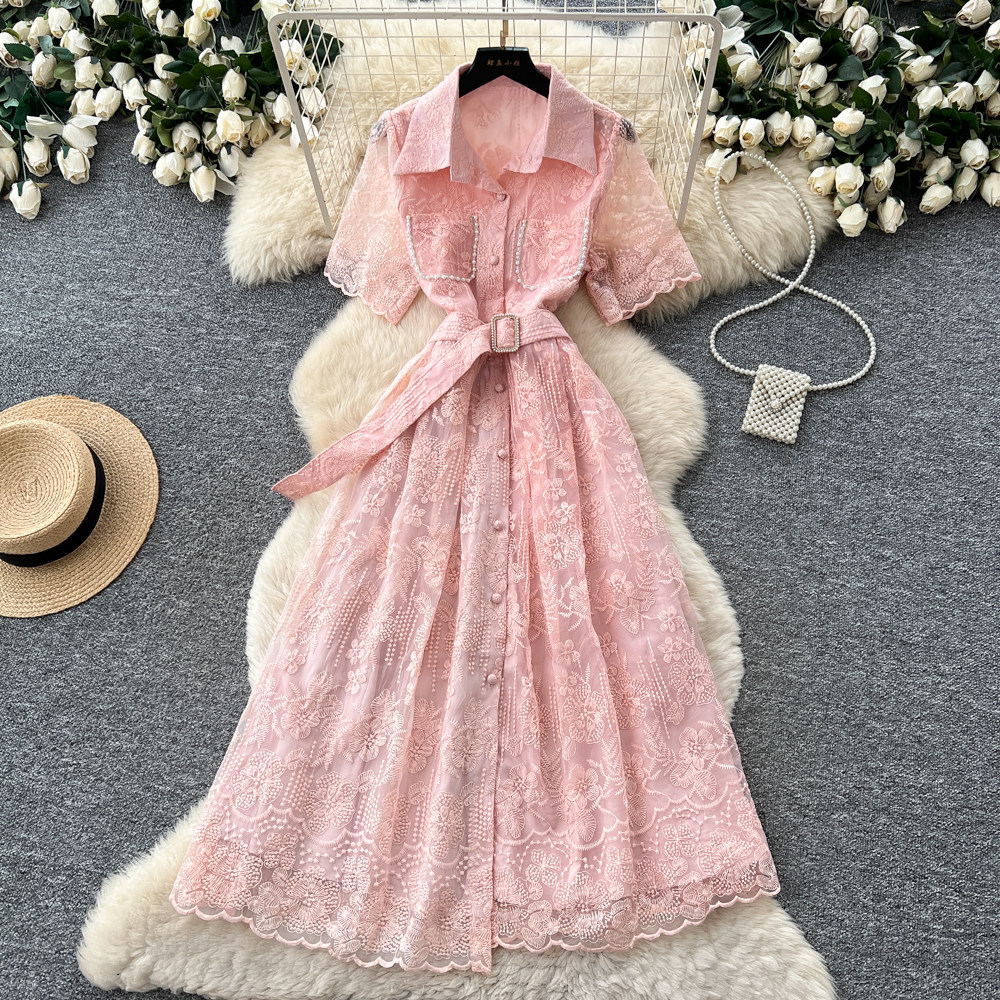 French Elegant Embroidered Lace Dress Summer Slim Fit A Line Korean Style Perfect for Office and Casual Occasions