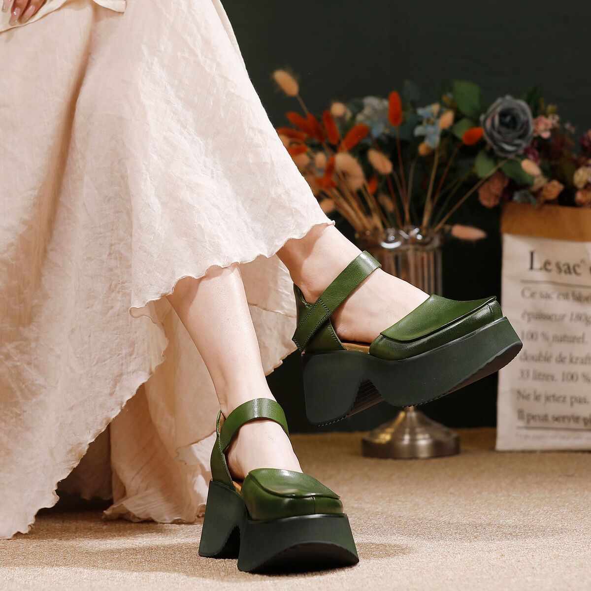 Sandal nữ da bò thật đế dày quai ngang mũi tròn phong cách cổ điển — màu đen, Xanh lá cây