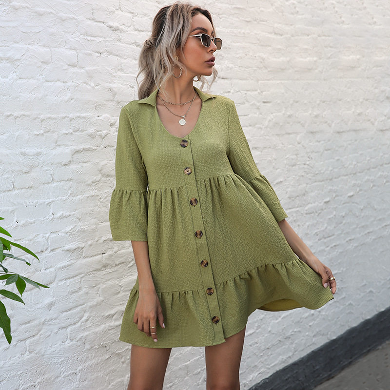 Loose Fit Solid Color Doll Dress Short Sleeve Lapel Design Casual Style Perfect for Spring and Summer Wholesale