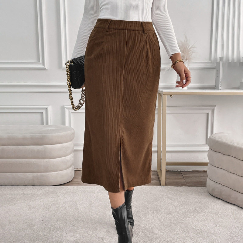 High Waisted Corduroy Midi Skirt Vintage Style Solid Color Split Design Autumn Winter Fashion Wholesale Available