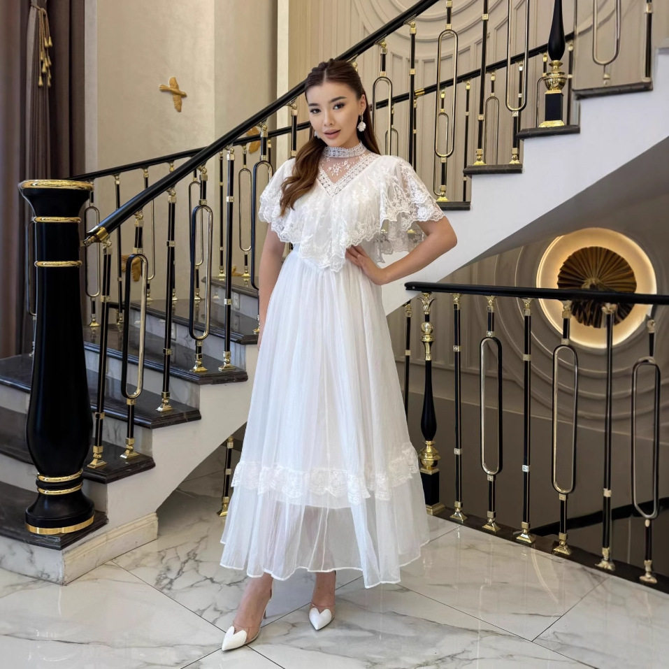 Elegant Vintage White Lace Panel Maxi Dress Lightweight Flowing Summer Style Perfect for Parties and Special Occasions