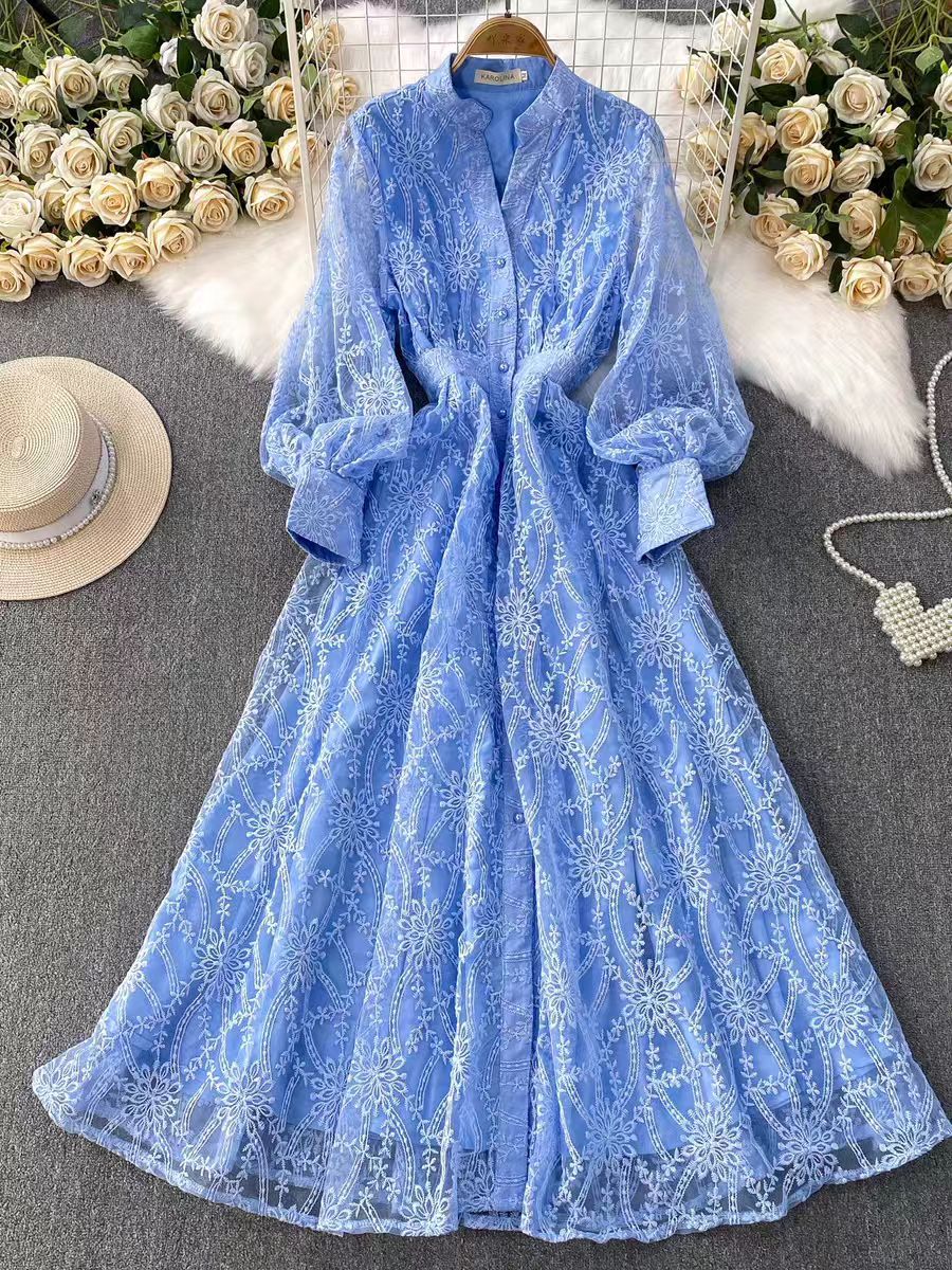 French Vintage Elegant Dress High End Aesthetic Stand Collar Single Breasted Embroidered Waist Defining Evening