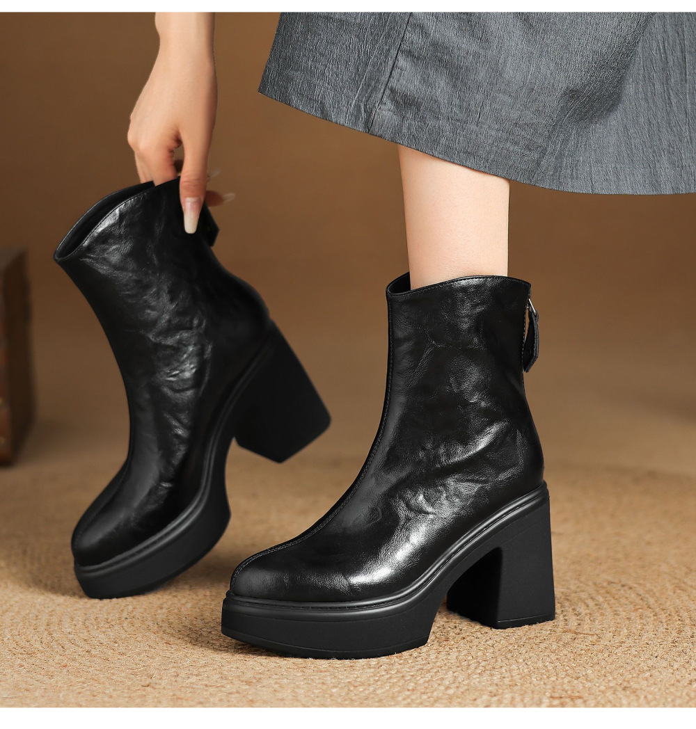 Boot nữ da bò gót thô 9,5cm cổ ngắn khóa kéo sau — Lớp lót đơn màu đen, Lớp lót đơn màu nâu đậm, Lót nhung đen, Lót nhung màu nâu đậm