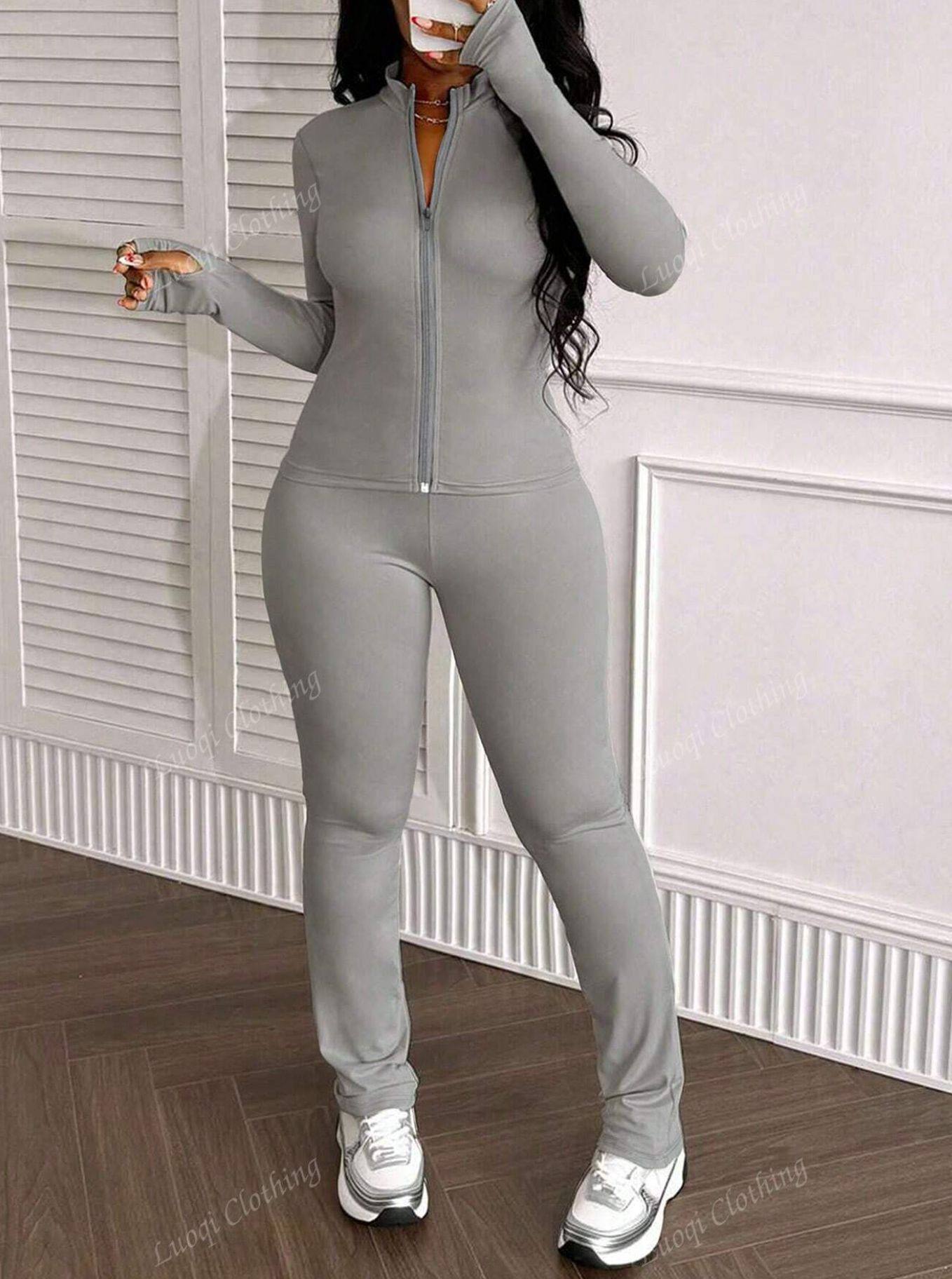 Amazon European and American Cross-Border Foreign Trade Women's Clothing Tight-Fitting Sports Casual Long-Sleeved Zipper Suit Slim Two-Piece Set