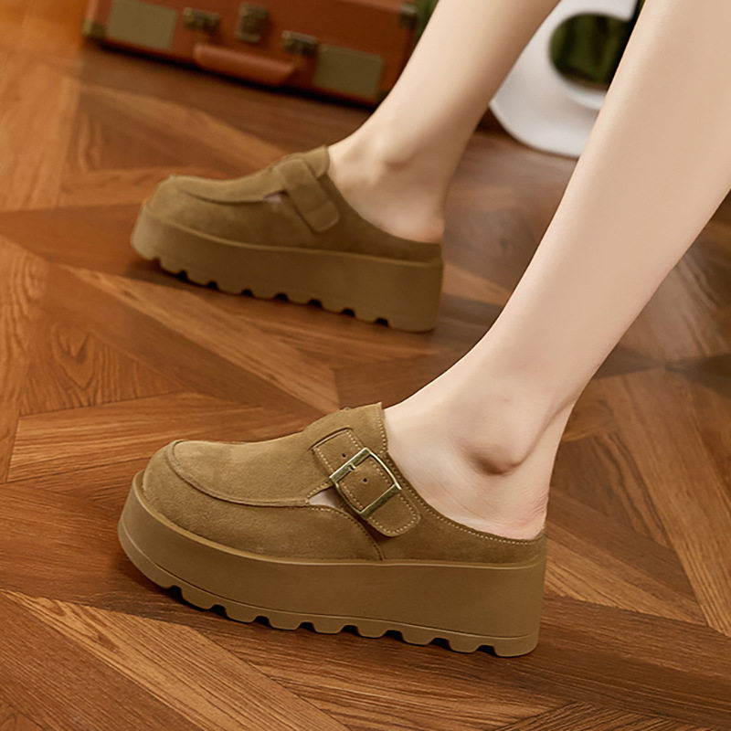 Dép sandal nữ đế platform da bò thật phong cách Birkenstock — Lạc đà, Mơ