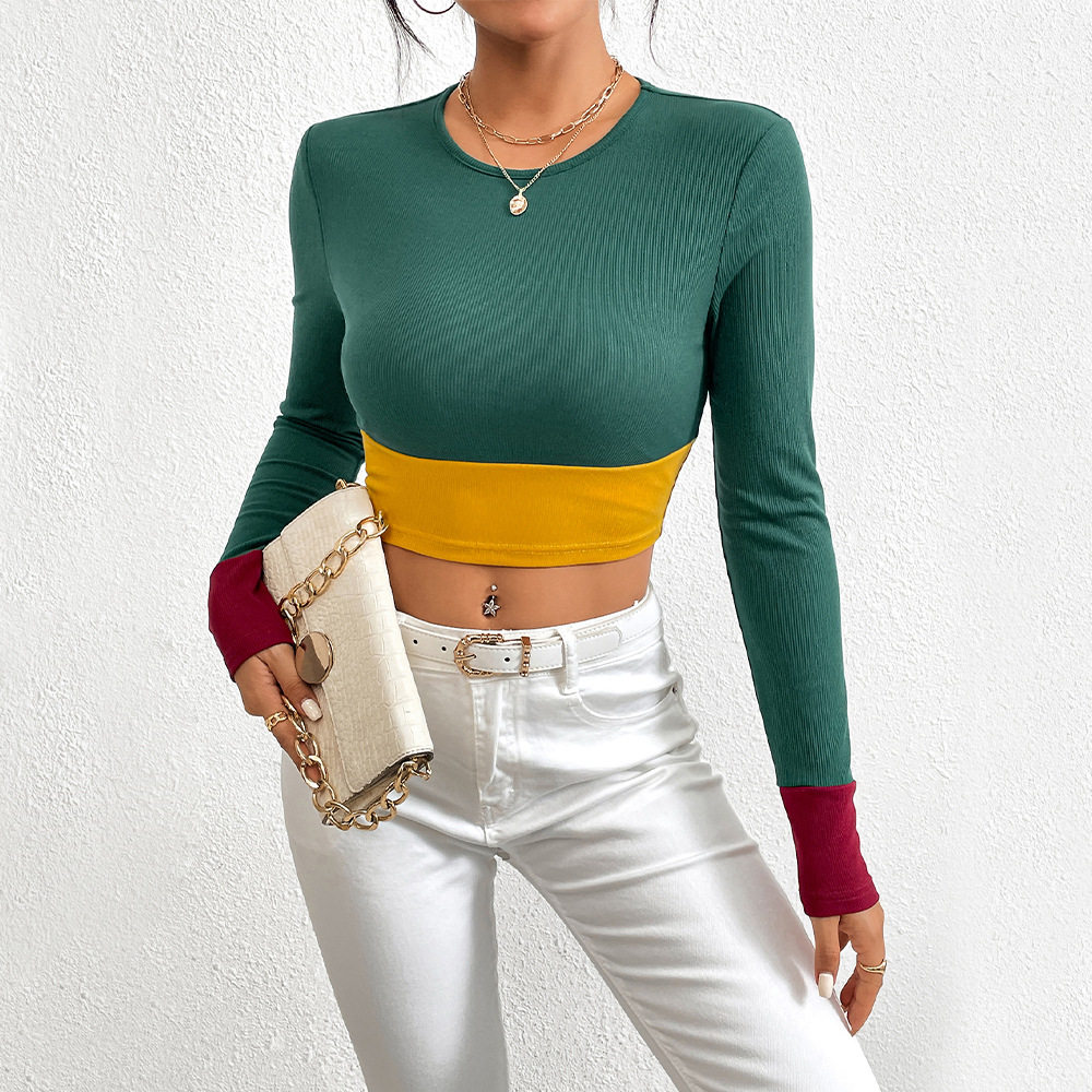 Womens Color Block Long Sleeve T Shirt Slim Fit Round Neck Stylish Design Autumn Winter Fashion Wholesale Available