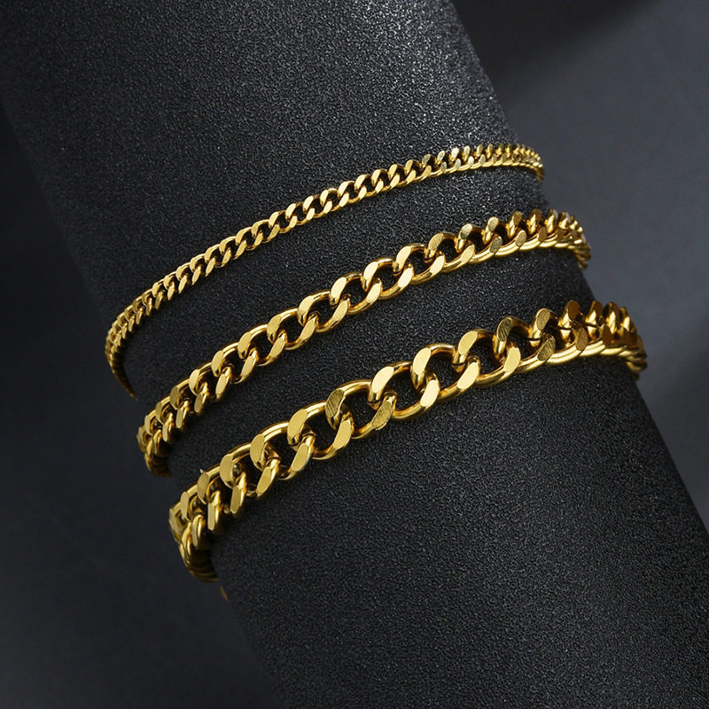 European and American Trendyy Simple Ground 2-Sided Cuban Chain Men's and Women's Bracelets Hip-Hop Trendy 18K Gold Titanium Steel Hand Jewelry Manufacturer Wholesale