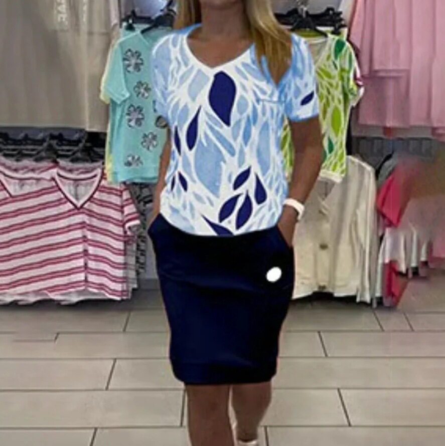 Womens Two Piece Set Printed Short Sleeve Top Round Neck Pocket Design Stylish Mini Skirt Autumn Fashion